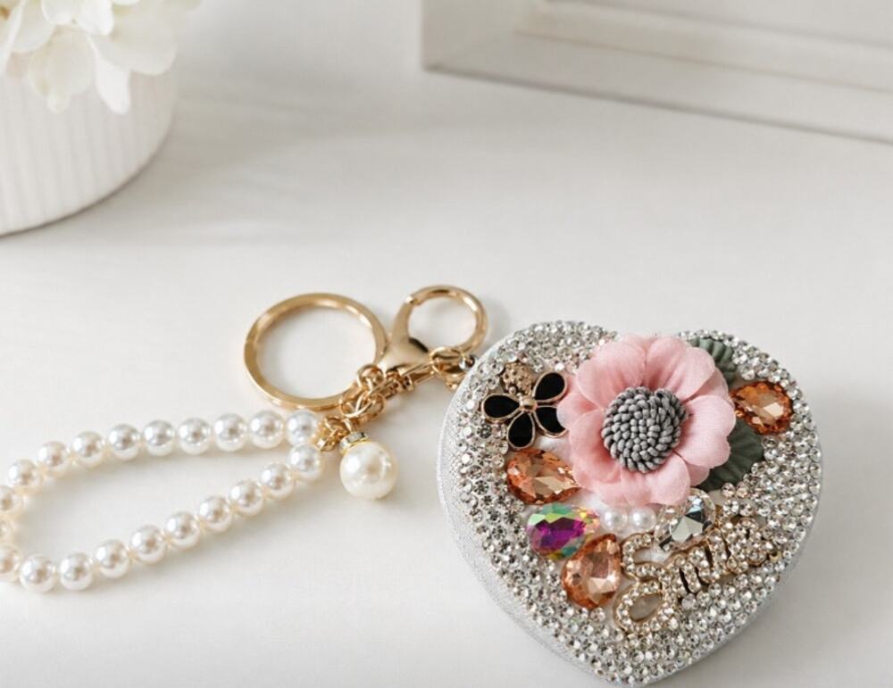 Chic Flower Rhinestone Bling Compact Mirror Wristlet Bag Charm New